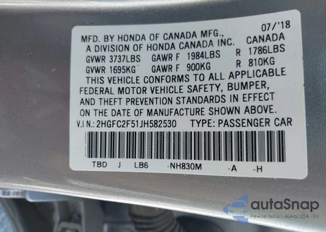 2018 Honda Civic Lx из США, поврежденный, VIN 2HGFC2F51JH582530